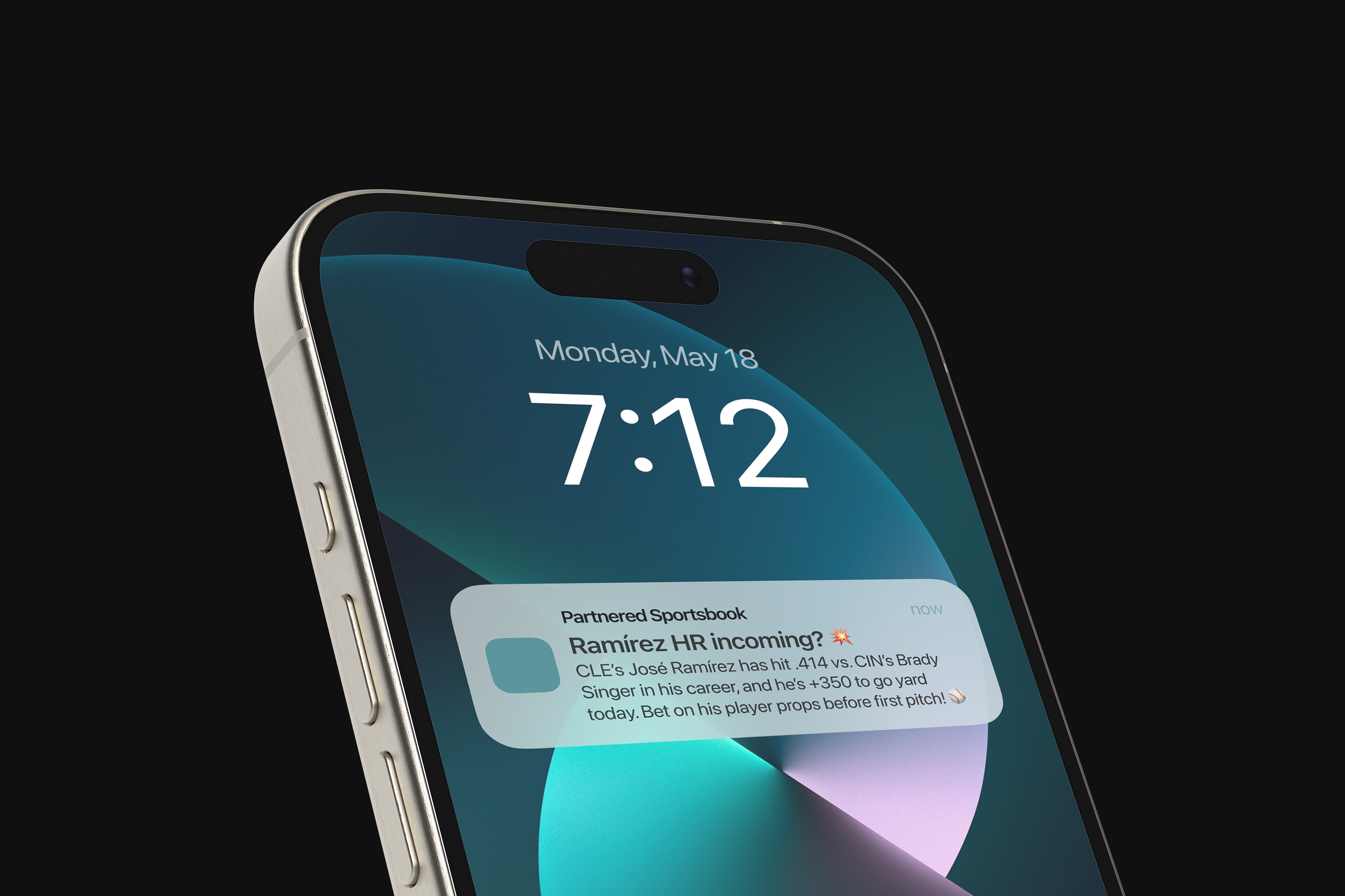 Angled close-up of a modern smartphone against a black background, showing a lock screen with the time 7:12 and a push notification from a partnered sportsbook. The notification highlights Cleveland’s José Ramírez facing Cincinnati’s Brady Singer, notes Ramírez’s strong batting average against the pitcher, and promotes betting on his home run and player prop odds before first pitch.